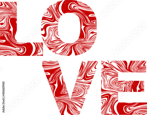 Love lettering in acrylic in red and white colors. Design element for Happy Valentine's Day. Ready for your design, greeting card, banner. Vector illustration.