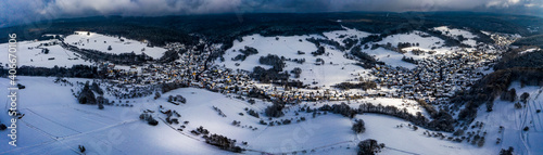 Aerial view, winter landscape near Hessenthal, Mespelbrunn, Bavaria, Germany