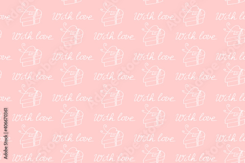 Vector seamless pattern with gift boxes in shape of heart and handwritten lettering- with love. Holiday background texture. For wrapping paper, greeting card, wedding, birthday, Valentine's Day