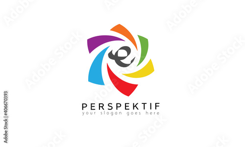 Colorful pinwheel logo design vector with letter e inside photo