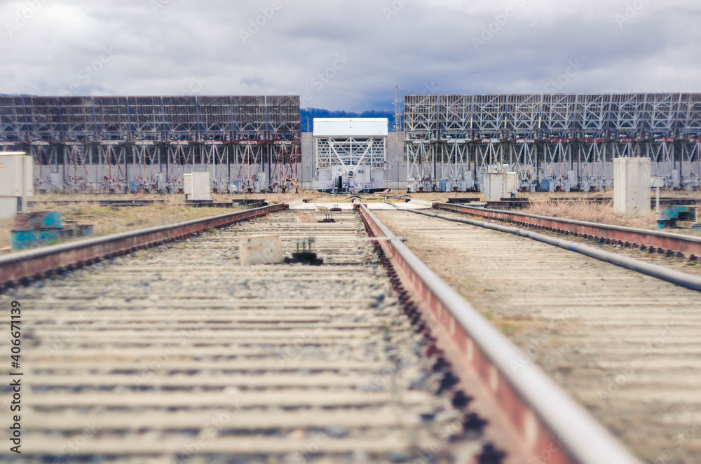 Naklejka premium RATAN-600 is the world's largest radio telescope with a reflective mirror about 600 meters in diameter. Location Karachay-Cherkess Republic. Taken with a Soviet lens Helios 44-2