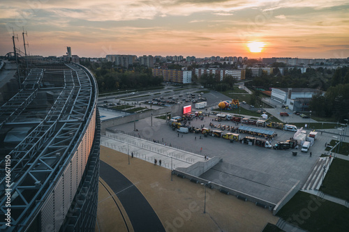 Food truck rally, fast food party in gliwice poland aerial drone photo