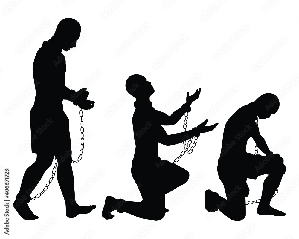 Set of male slave with chain silhouette vector on white background - obrazy, fototapety, plakaty 