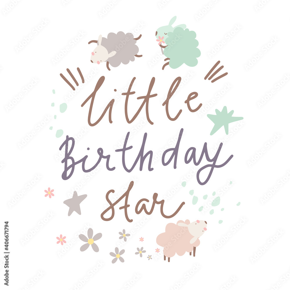 Obraz premium cute postcard poster or print with sheep. little birthday star. greeting card