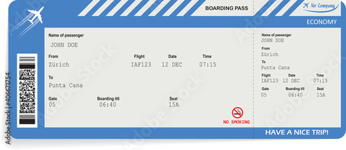 Pattern of airline boarding pass ticket in blue color. Travel or journey by plane concept. Blue boarding pass. Vector illustration