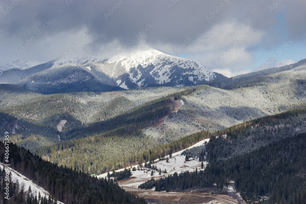 Mount and slopes covered with fir forest in  Carpathians, winter