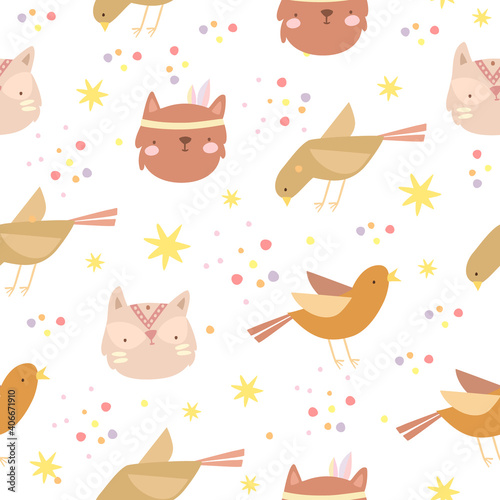 cute childish seamless pattern with animals. cat and birds, animal muzzles