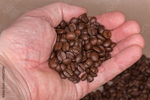 Handful of a roasted coffee beans in male hand close-up