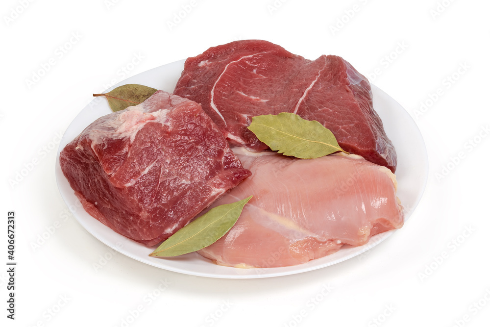 Pieces of different uncooked meat on dish on white background Pieces of different uncooked meat on dish on white background