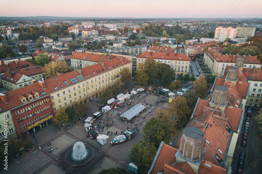 Food truck rally, fast food party in tychy poland aerial drone photo