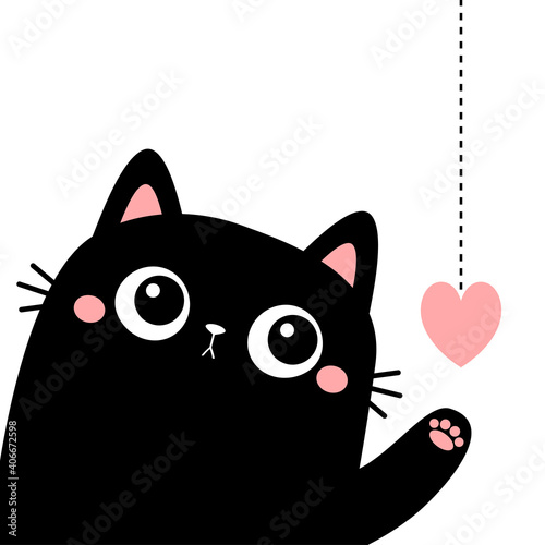 Black cat kitten kitty holding pink heart hanging at dash line. Cute cartoon kawaii funny animal baby character. Flat design. Happy Valentines Day. Love card. White background. Isolated.