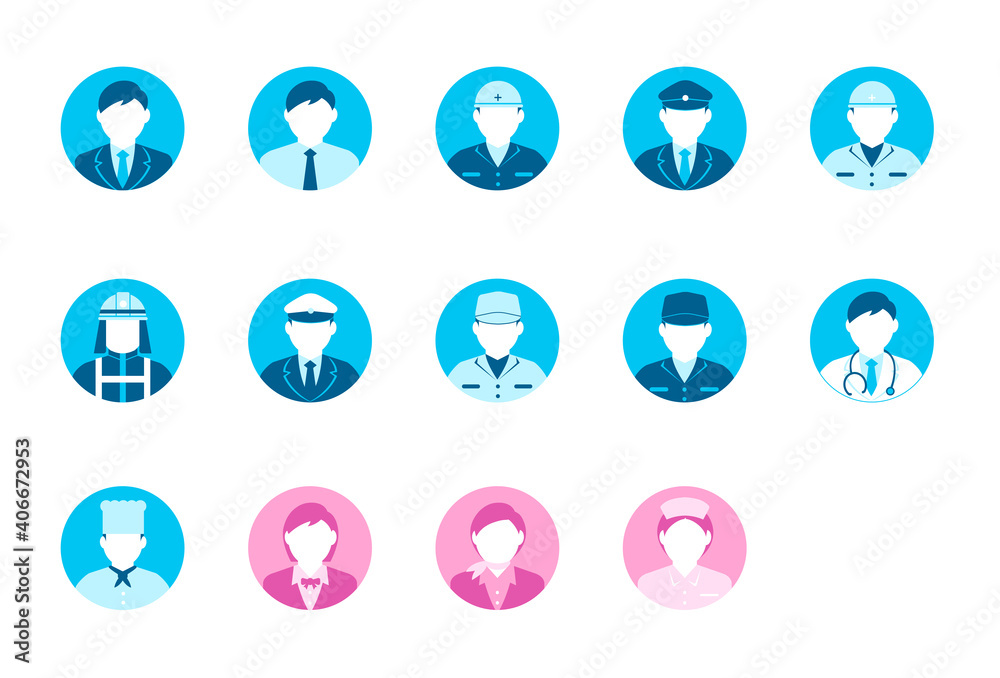 Circular worker avatar icon illustration set (upper body) / business person, blue collar worker, police man, cook , doctor etc.