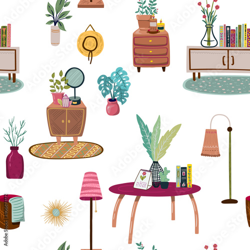 Stay at home. Set of stylish scandinavian apartment design elements for self-isolation during quarantine and other use. Cozy furnished living room, Flat vector cartoon illustration. Seamless pattern