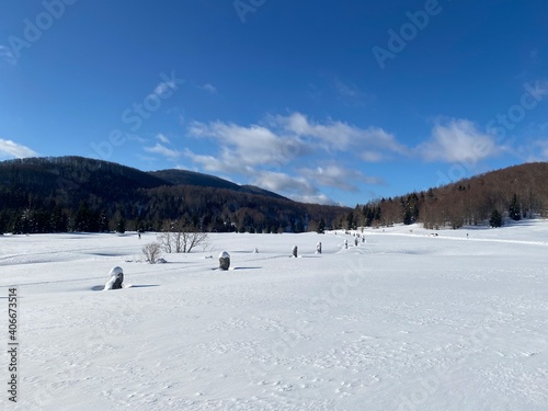 Matic poljana, field with rock monuments representing in World war 2 froezen partisans, near Mrkopalj, Croatia