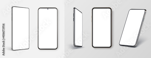 Realistic phone mockup. Smartphone blank screen, phone mockup. Template for infographics or presentation UI, UX design interface. Cellphone frame with blank display. Realistic 3d smartphones Mockup