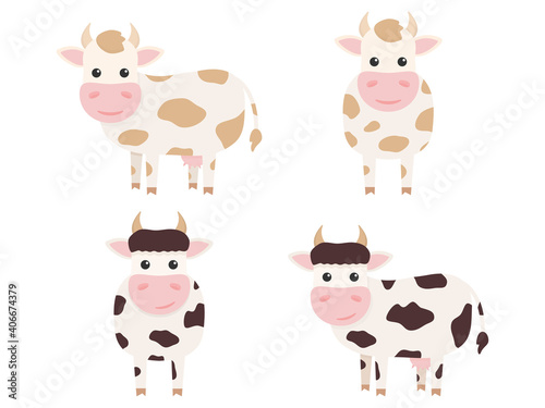 Cute cows charcaters set. Farm cartoon animals. Vector illustration isolated on white