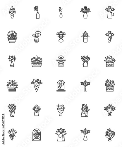 Flowers bouquets line icons set. linear style symbols collection, outline signs pack. vector graphics. Set includes icons as wrapped flowers bouquet, tulips, chamomile, lilies, floral basket, vase