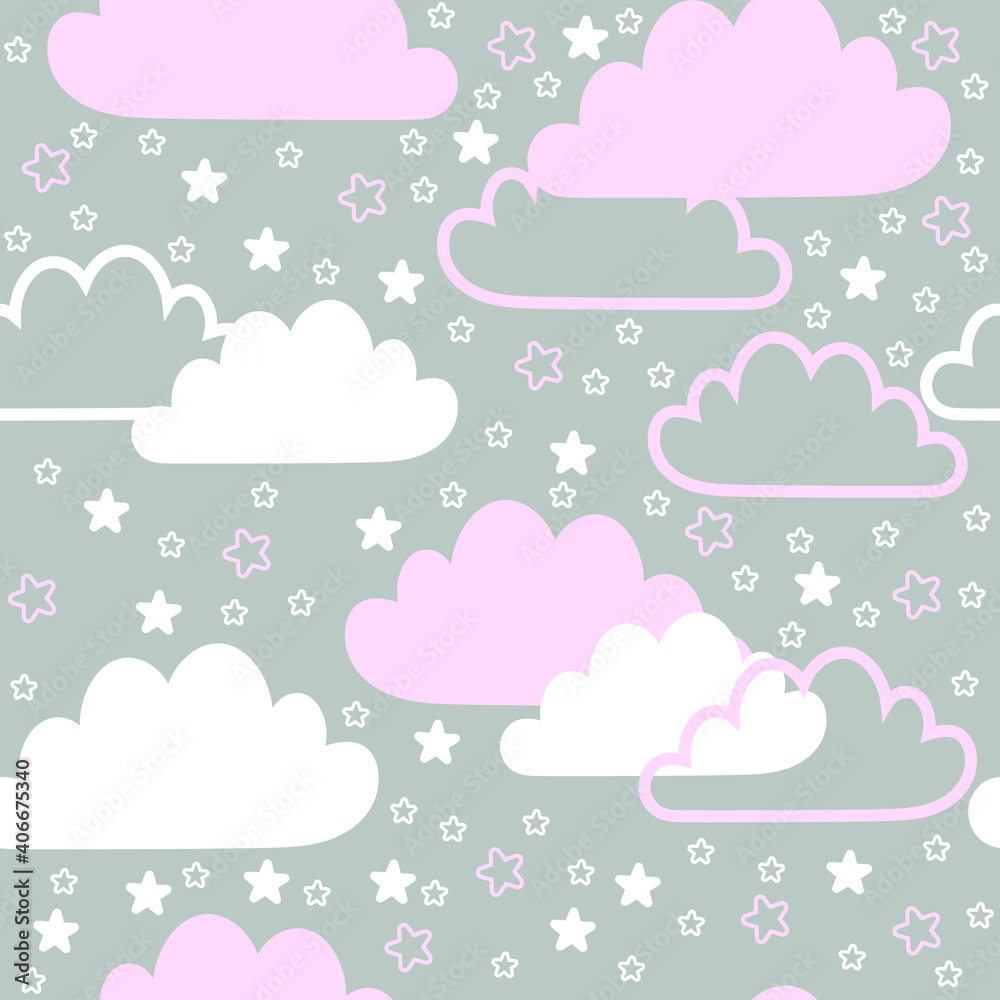 Flat vector pattern illustration of Seamless cute with pink and white clouds and stars.cute clouds and stars on the gray background
