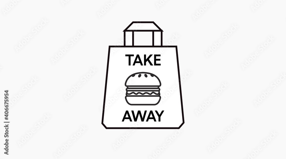 Naklejka premium Vector Isolated Illustration of a Take Away Bag with a Burger. Black and White Take Away Bag and Burger Icon