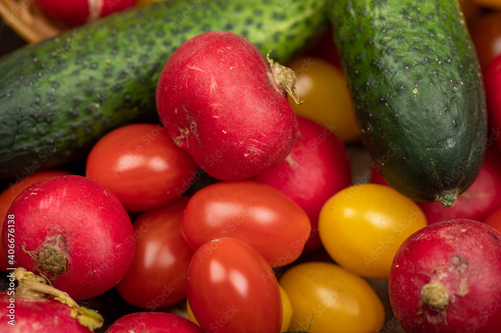 Green cucumbers, ripe radishes and colorful tomatoes scattered on the table. Close-up, selective focus. Green cucumbers, ripe radishes and colorful tomatoes scattered on the table. Close-up, selective focus.
