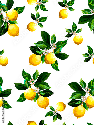 Lemon  seamless vector pattern. Tropical fruit background. Summer exotic print. Hand drawn illustration. Botanical realistic eco pattern.