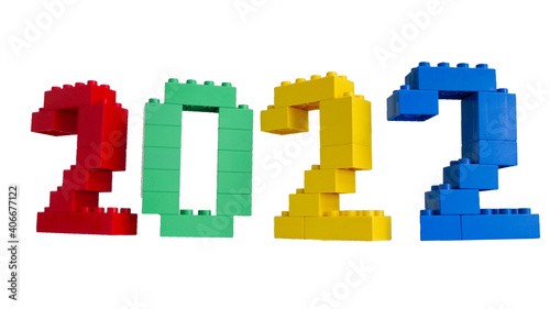 number 2022 of new year from colored toy plastic blocks on white background