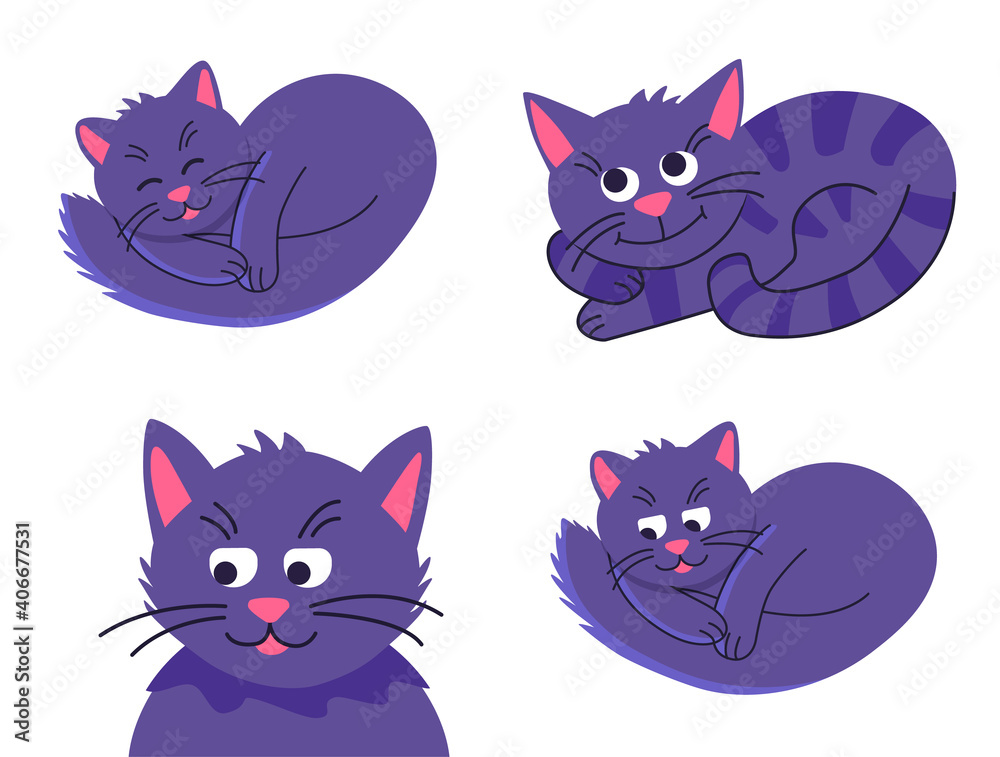 Cute pet cat happy sleeping, relax. Collection purple cats. Flat design style. Isolated on white background. Vector illustration.