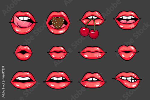 Glossy sexy smiles. Cartoon beautiful women lips with cherry and heart, glamorous smiles with teeth and tongue, vector illustration concept of sensual kisses isolated on dark background