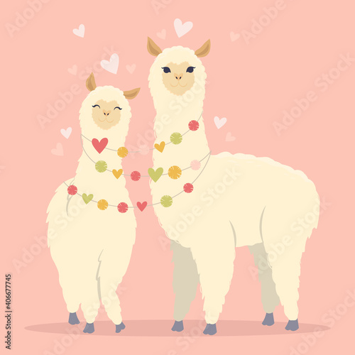 Valentine's day flat illustration. Be my llamantine card for with cute llama alpaca and hearts. Greeting card or invitation in trendy style.Vector illustration