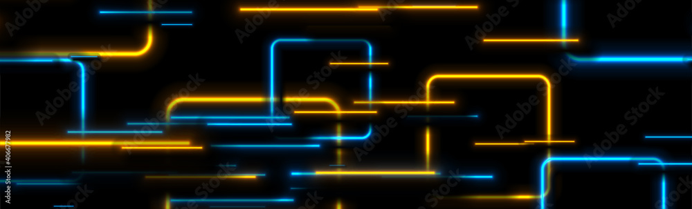 Blue orange glowing neon laser lines and squares abstract background. Vector technology futuristic banner design Blue orange glowing neon laser lines and squares abstract background. Vector technology futuristic banner design
