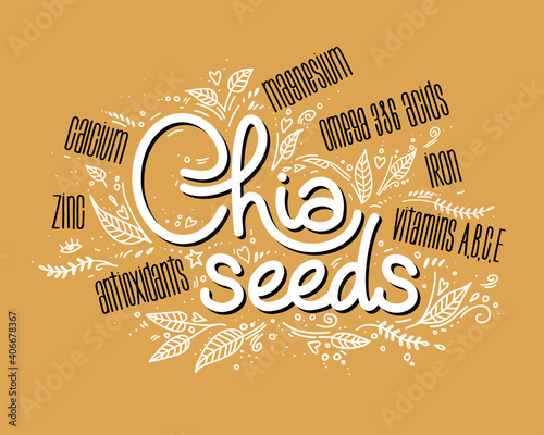 chia seeds vector logo of superfood. lettering with leaves and decorative elements in doodle style. healthy food concept lifestyle.