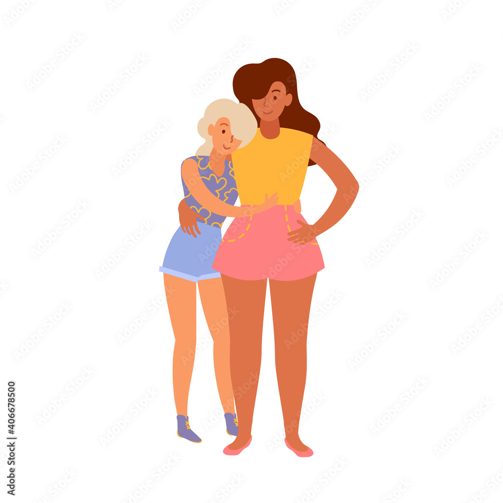 Two young women in each other's arms. Same sex love. Strong friendship. Different ethnic groups.
