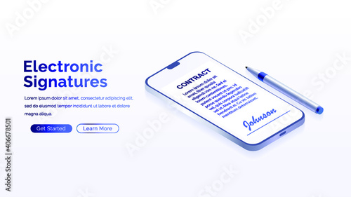 Electronic contract or digital signature concept in isometric vector illustration. Signing an electronic contract online by phone. Website template or web page layout.