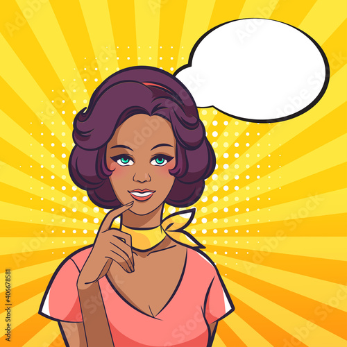 Pop art poster. Black woman smiles thoughtfully.