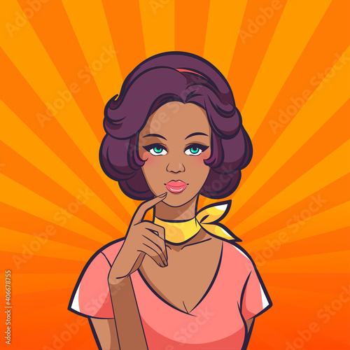 Dark-skinned pensive woman in pop art style.