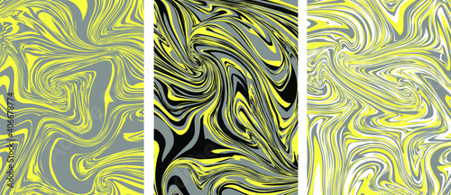 Set of abstract backgrounds. A mixture of gray-yellow acrylic paints. Suitable for cover design, presentation, invitation, flyer, annual report, poster and business card, packaging design. Vector.