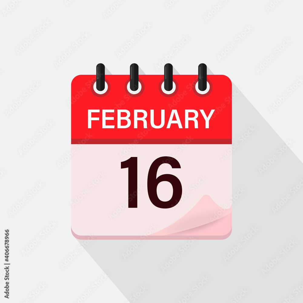 February 16, Calendar icon with shadow. Day, month. Flat vector illustration. February 16, Calendar icon with shadow. Day, month. Flat vector illustration.