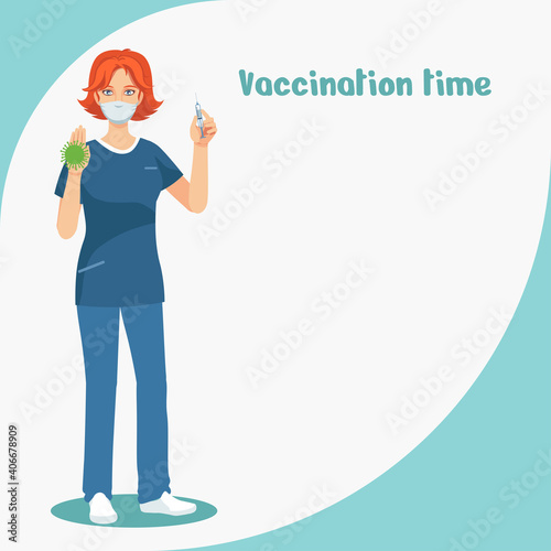 Fighting the virus. Vaccination. A healthcare professional demonstrates a vaccine against the virus. Nurse with a syringe.