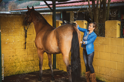 Woman combing her brown horse in the stable