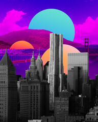 Urban. Cityscape in bright colors. Trendy neon lighted background, wallpaper with copyspace for ad. Modern design. Contemporary art collage. Inspiration, mood, creativity concept. Retrowave style.
