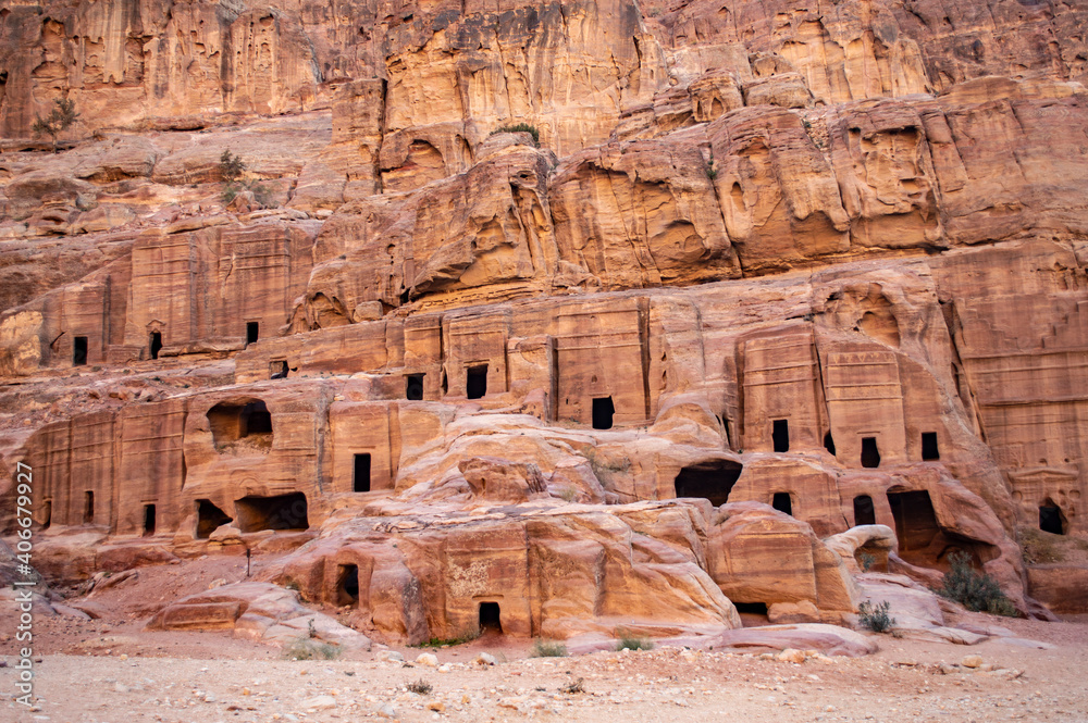 Petra, Jordan - January 6, 2020: Tombs and caves in the ancient city of Petra