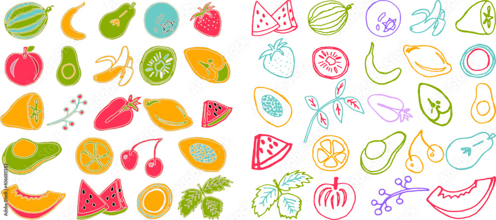 Collection of cartoon juicy fruits, leaves  and berry. Vector illustration. Set of colorful fruit and berries icons. Isolated on white. Fruit web icon hand drawn in doodle style. 