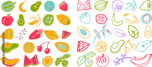 Collection of cartoon juicy fruits  leaves  and berry. Vector illustration. Set of colorful fruit and berries icons. Isolated on white. Fruit web icon hand drawn in doodle style. 
