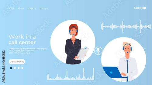 Work in a call center.A man and a woman are engaged in customer service in a call center.Communication, support and help to people.Flat vector illustration.The template of the landing page.