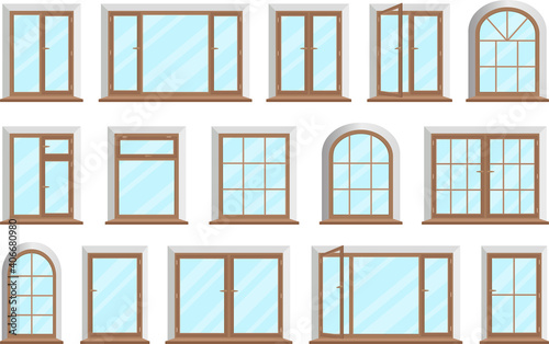 Wooden and plastic windows.Set of windows and frames for home or office with transparent glass.Wood and PVC materials for design elements.Flat vector illustration.