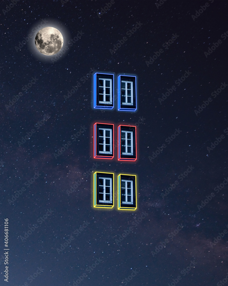Naklejka premium Windows. Cityscape in bright colors. Trendy neon lighted background, wallpaper with copyspace for ad. Modern design. Contemporary art collage. Inspiration, mood, creativity concept. Retrowave style.