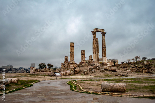 Amman, Jordan - January 9, 2020: Temple of Hercules on a rainy day at Amman citadel in Amman, the capital of Kingdom of Jordan