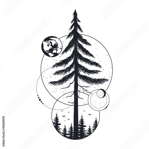 Hand drawn tree badge with fir, moon, globe and stars.. Geometric frame with forest for label or tattoo. Vector isolated wanderlust print. 