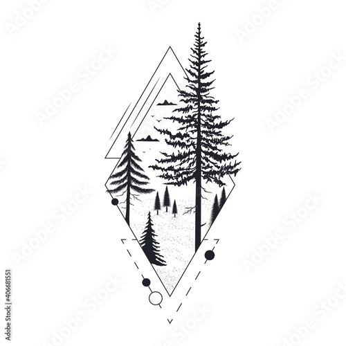 Hand drawn tree badge with fir and pine.. Geometric wanderlust frame for label or tattoo. Vector isolated evegreen forest print. 