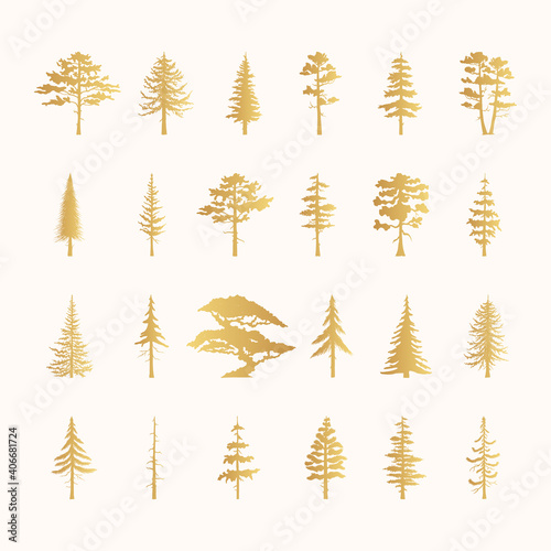 Big golden set of forest trees silhouettes. Vector isoleted gold icons of pine, fir, cedsar, oak. 